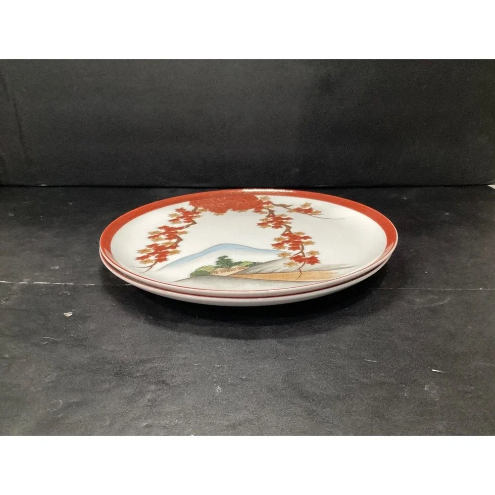 Arita China Art15 Rust Gold Leaves Branches-Trees/Hills-Dinner Plates Set of‎ 2